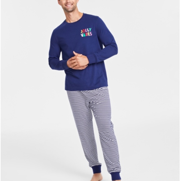 Matching Family Pajamas Men's Mix It Jolly Vibes Striped Pajamas Top XL NAVY - Picture 3 of 3